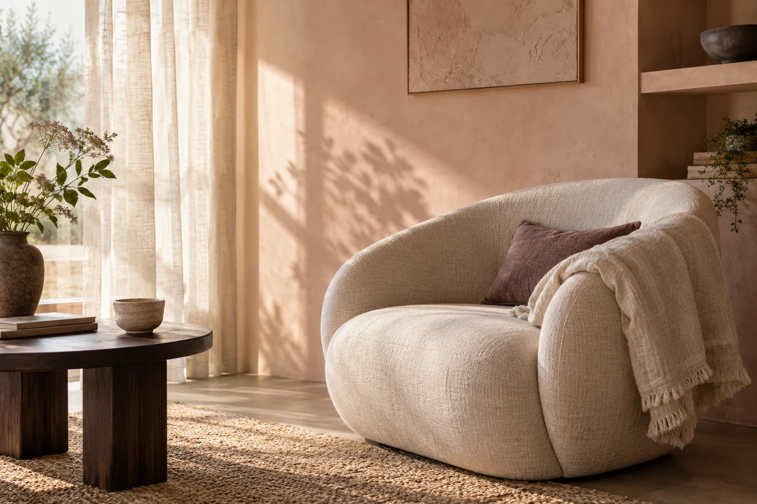 AI-gegenereerde fictieve LUNE-ontvangsthoek met een linnen fauteuil, warme blushwand en zacht daglicht